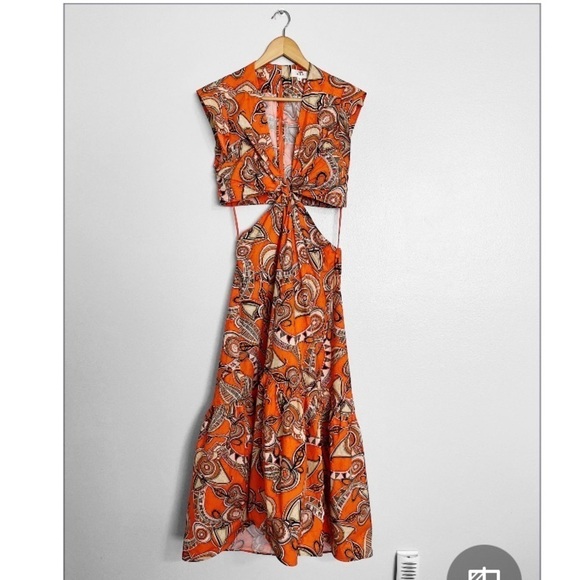 A.L.C Alexandria Orange Printed Statement Iconic Style Cutout Midi Dress - Picture 3 of 15